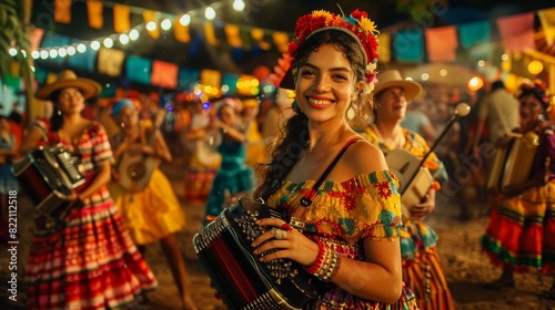 Young woman in traditional dress playing an accordion at a colorful Sao Joao festival with festive lights