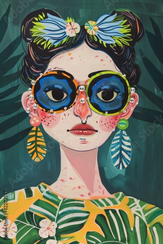 portrait illustration of a cool girl, fashion dressed withbig earrings and green leaves motifs around, big colorful sunglasses, 