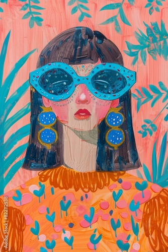 portrait illustration of a cool girl, fashion dressed withbig earrings and green leaves motifs around, big colorful sunglasses, 