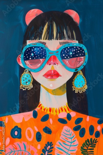 portrait illustration of a cool girl, fashion dressed withbig earrings and green leaves motifs around, big colorful sunglasses, 