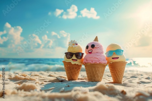  a family of different taste of ice cream cones having a great day at the beach , summer hot day photo