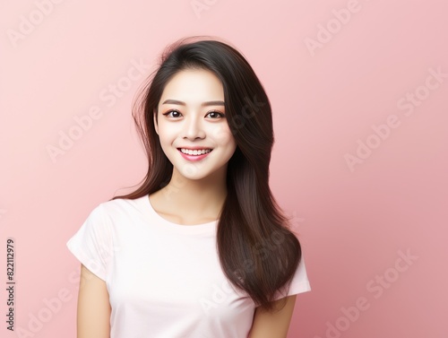 Pink background Happy Asian Woman Portrait of young beautiful Smiling Woman good mood Isolated on Background Skin Care Face Beauty 