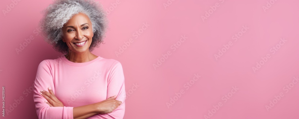 Pink Background Happy black american independant powerful man. Portrait of older mid aged person beautiful Smiling boy Isolated on Background ethnic diversity 