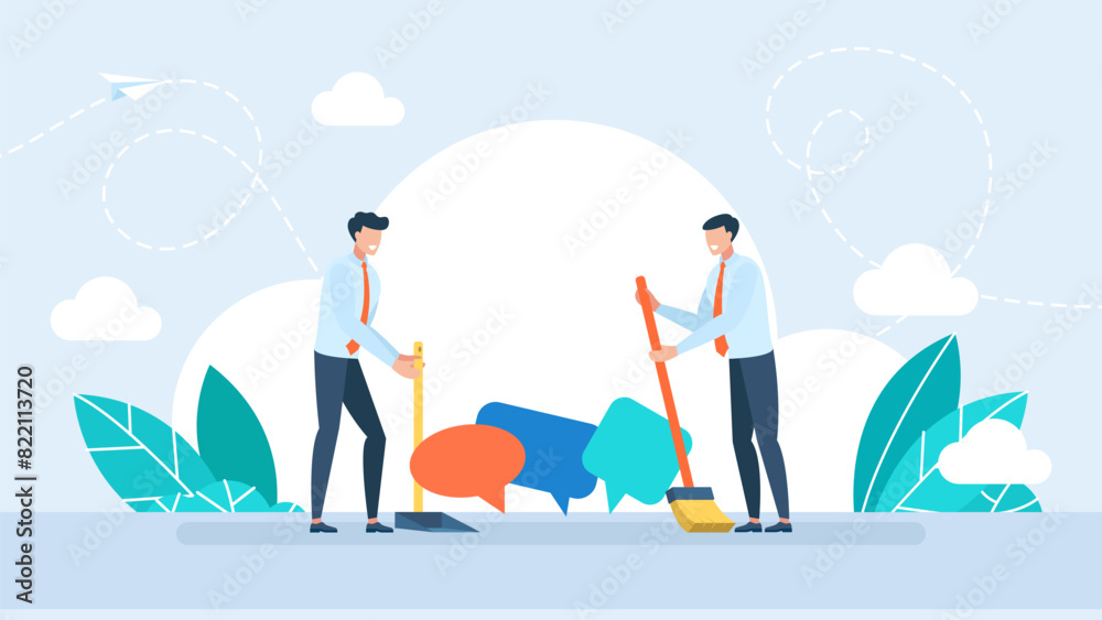 People sweep up thoughts and throw them in the trash. A speech bubble in a waste bin, a censorship concept. Mind cleaning. Mental problems treatment metaphor. Vector illustration People sweep up thoughts and throw them in the trash. A speech bubble in a waste bin, a censorship concept. Mind cleaning. Mental problems treatment metaphor. Vector illustration