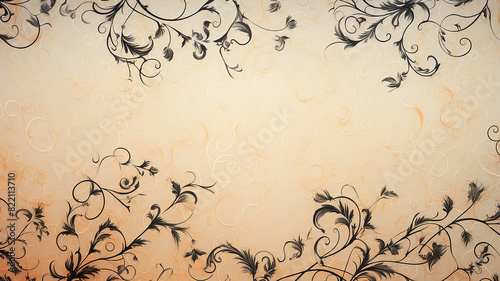 orange warm background with black floral ornament, blank copy space