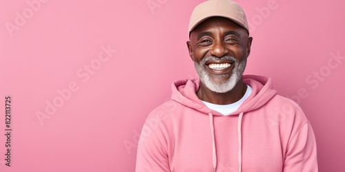 Pink Background Happy black american independant powerful man. Portrait of older mid aged person beautiful Smiling boy Isolated on Background ethnic diversity 