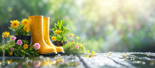 Spring background with yellow rubber boots in the garden. AI Generative photo