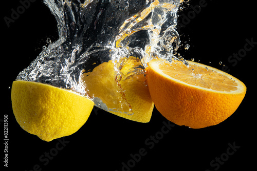 Fresh sliced orange and lemon in water splash isolated on black background. Minimal food concept.