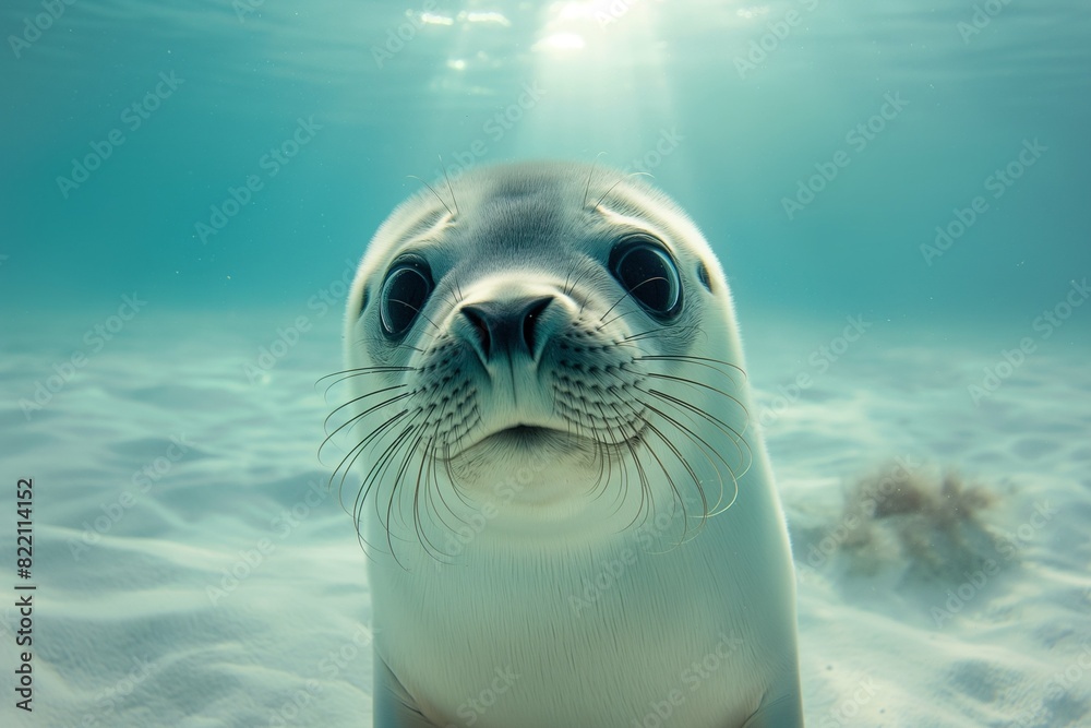 Naklejka premium Underwater photo of a cute baby seal smiling at the camera against a blue water background. Close-up portrait.