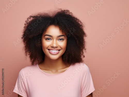 Pink background Happy black independant powerful Woman realistic person portrait of young beautiful Smiling girl Isolated on Background ethnic diversity 