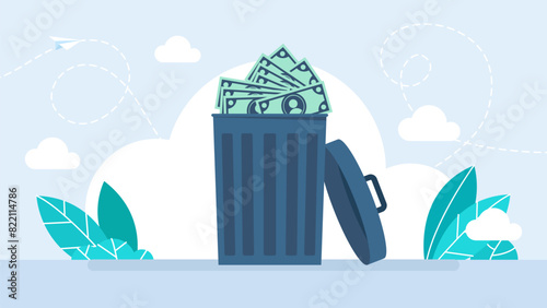 Inflation. Large dustbin overflowing money bill. Trash full of the dollar. Inflation concept. Trash can of with discarded money. Garbage can. Collapse of the dollar. Flat vector illustration