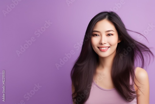Purple background Happy Asian Woman Portrait of young beautiful Smiling Woman good mood Isolated on Background Skin Care Face Beauty Product Banner with copyspace 