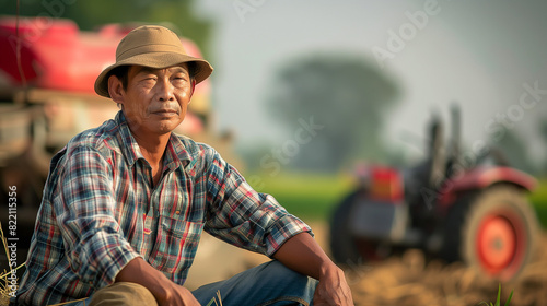 farmer, age 30-40 year old, thai, men, photography, background Rice field or vegetable garden, fullbody, Sitting and thinking a lot next to the tractor, looking at the rice fields or vegetable gardens