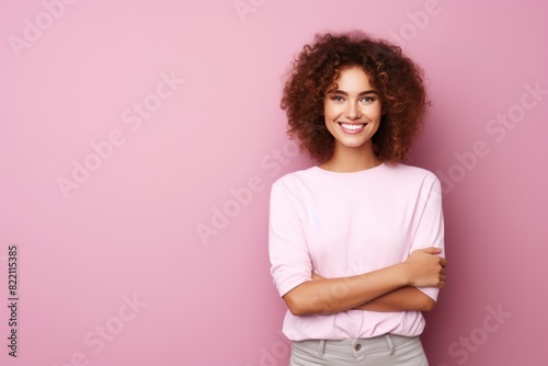Pink background Happy european white Woman realistic person portrait of young beautiful Smiling Woman Isolated on Background ethnic diversity equality acceptance concept with copyspace 