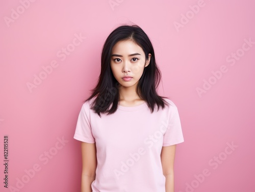 Pink background sad Asian Woman Portrait of young beautiful bad mood expression Woman Isolated on Background depression anxiety fear burn out health issue problem mental 