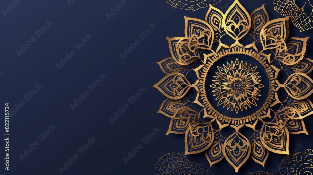Obraz premium A gold ornamental mandala pattern glows against a deep blue background to create a sophisticated texture for professional graphic design and marketing projects.