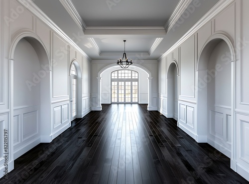 New home interior with white wainscoting and dark wood floors