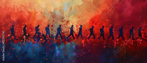 an abstract art silhouettes of soldiers walking with determination, red and blue splattered paint photo