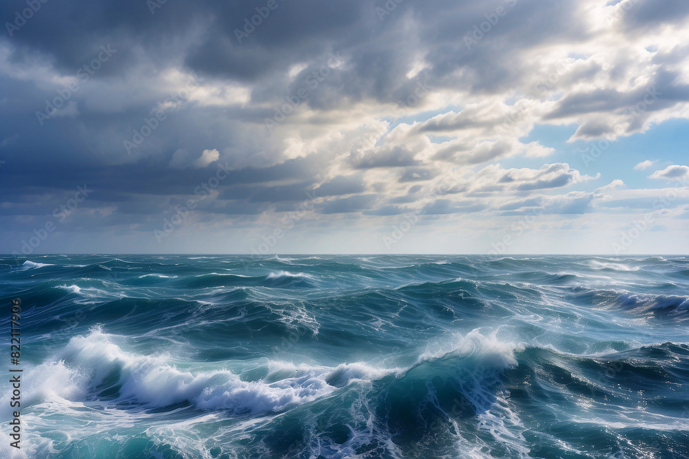 Serene yet powerful sea waves roll under a contrast filled cloudy sky, depicting the quiet before the storm Serene yet powerful sea waves roll under a contrast filled cloudy sky, depicting the quiet before the storm