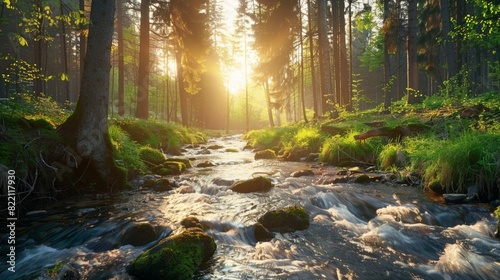 morning spring time sun rise lighting in forest mountain river stream local landscape natural scenic view
