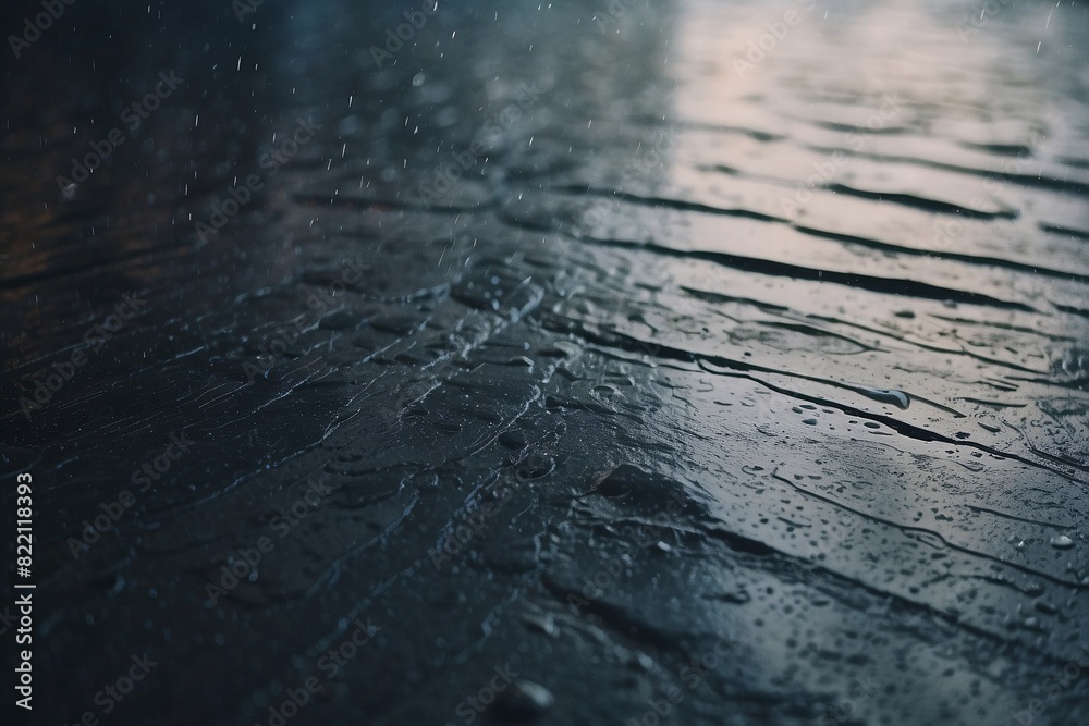 Detail of raindrops impacting a dark surface with visible splashes and intricate water patterns Detail of raindrops impacting a dark surface with visible splashes and intricate water patterns