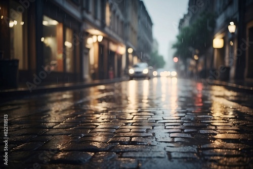 A damp city street captured at dusk with glowing street lights and the reflection of storefronts in the wet pavement photo