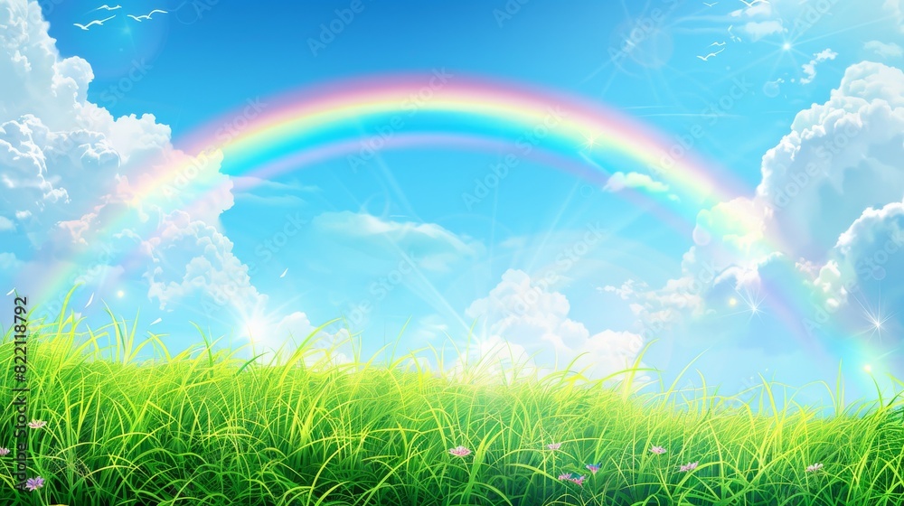 Bright rainbow arching over a lush green field with fluffy clouds in a clear blue sky.