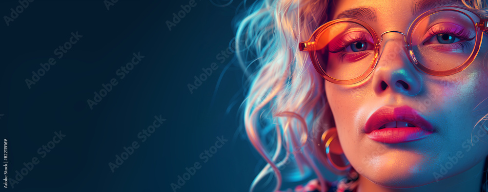 Portrait of young woman with curled hair and glasses. Dark blue background with copy space. Portrait of young woman with curled hair and glasses. Dark blue background with copy space.