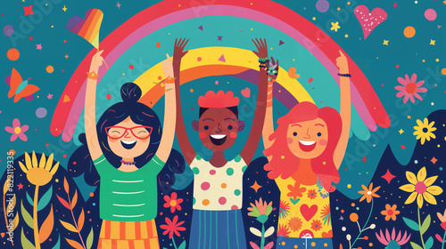 Diverse Girls Celebrating: Vibrant LGBT Illustration