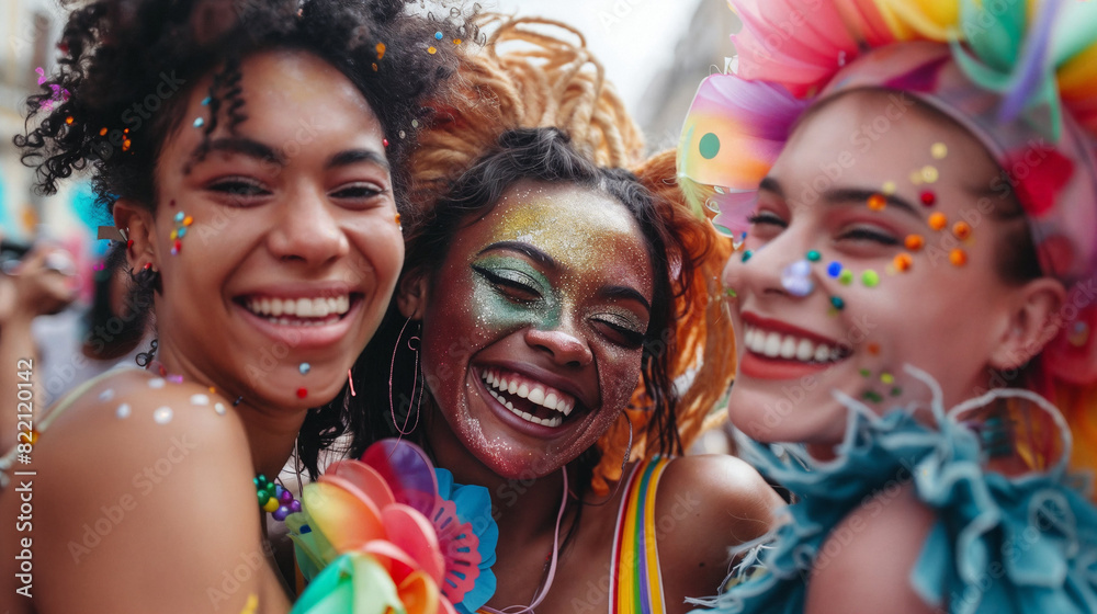 Joyful LGBT Women Celebrating Pride at Parade: Colorful Makeup and Smiles Joyful LGBT Women Celebrating Pride at Parade: Colorful Makeup and Smiles