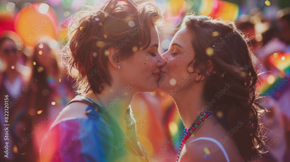 Obraz premium Lesbian Couple Kiss at Outdoor Pride Event