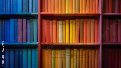Bookshelf featuring a spectrum of colored books, emphasizing organization and aesthetic appeal