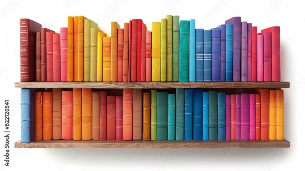 Naklejka premium Bookshelf filled with multicolored books, organized by hue, isolated on white background