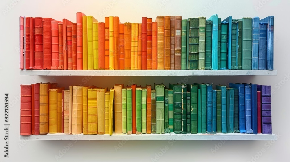 Fototapeta premium Bookshelf filled with multicolored books, organized by hue, isolated on white background