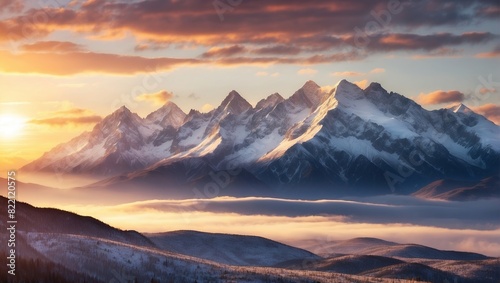 A mountain range is shown in the picture. The mountains are covered in snow. The sky is a mix of blue and yellow. There are clouds in the sky. The sun is rising or setting.