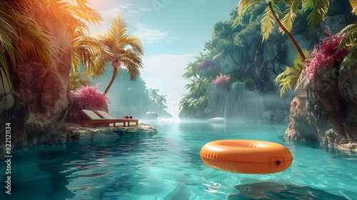 A tropical 3D landscape with an inflatable ring floating in a pool, a folding chair and sunglasses nearby, and palm trees providing shade against a blue background. List of Art Media Photograph photo