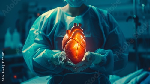 A medical professional in scrubs holding a glowing anatomical heart, symbolizing medical technology, healthcare, and advanced cardiology. photo