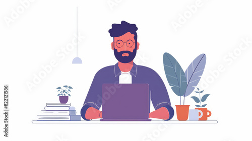 Illustration of a man working on a laptop at a desk with plants, books, and coffee, symbolizing remote work and modern workspace. photo