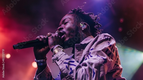 a man with dreadlocks on his head singing into a microphone on stage with lights behind him