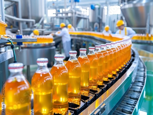 A factory assembly line with rows of orange juice bottles, symbolizing beverage production, automation, and the food industry. photo