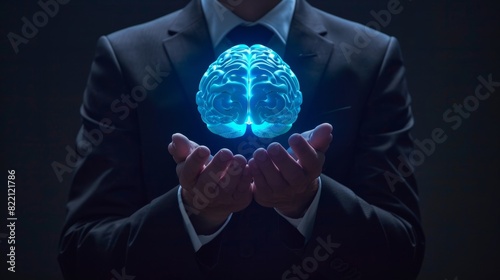 A person in a suit holding a luminous blue brain with both hands, representing advanced technology, innovation, and artificial intelligence. photo