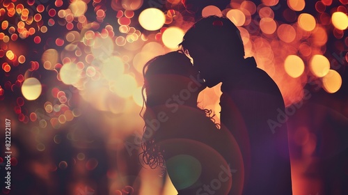 a couple kissing in front of a colorful background photo