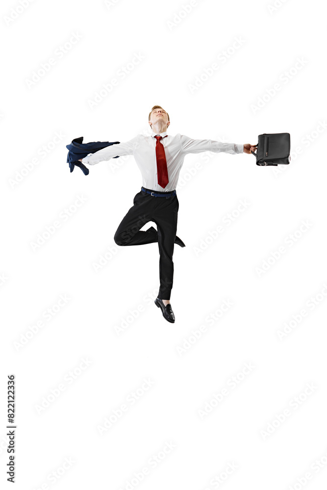 Man in business attire leaps into air with arms wide open holding briefcase and jacket against white studio background. Concept of business, work and study, freelance, movement, office. Ad Man in business attire leaps into air with arms wide open holding briefcase and jacket against white studio background. Concept of business, work and study, freelance, movement, office. Ad