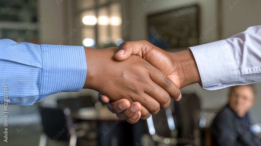 two people shaking hands in front of a table with chairs and a man in a suit in the background.. two people shaking hands in front of a table with chairs and a man in a suit in the background..