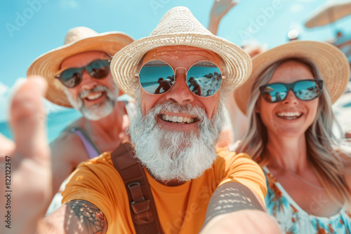 A cheerful senior man with a white beard takes a selfie with friends on a sunny day, expressing happiness and camaraderie. photo