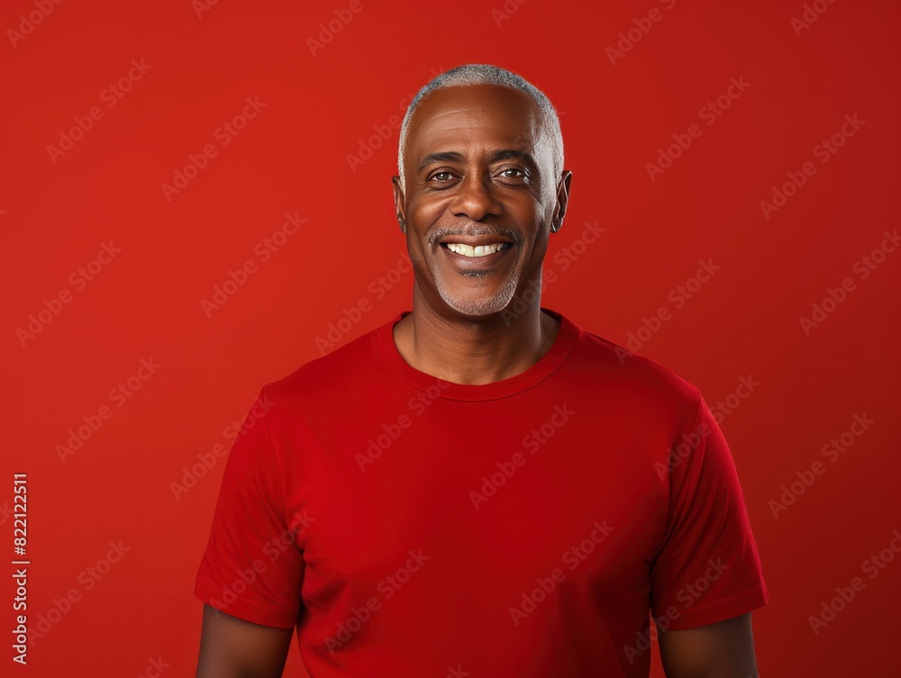 Red Background Happy black american independant powerful man. Portrait of older mid aged person beautiful Smiling boy Isolated on Background ethnic diversity equality