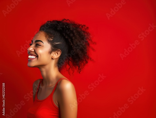 Red background Happy black independant powerful Woman realistic person portrait of young beautiful Smiling girl Isolated on Background ethnic diversity equality acceptance concept 