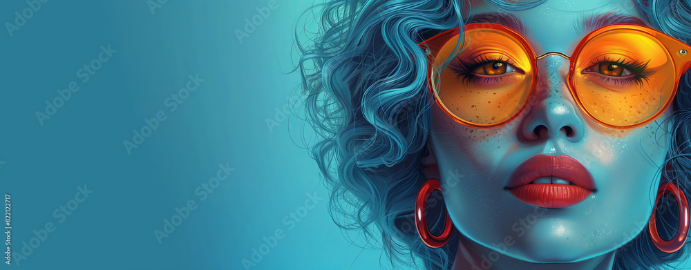 Portrait of young woman with curled hair and glasses. Blue toned, blue background with copy space. Portrait of young woman with curled hair and glasses. Blue toned, blue background with copy space.