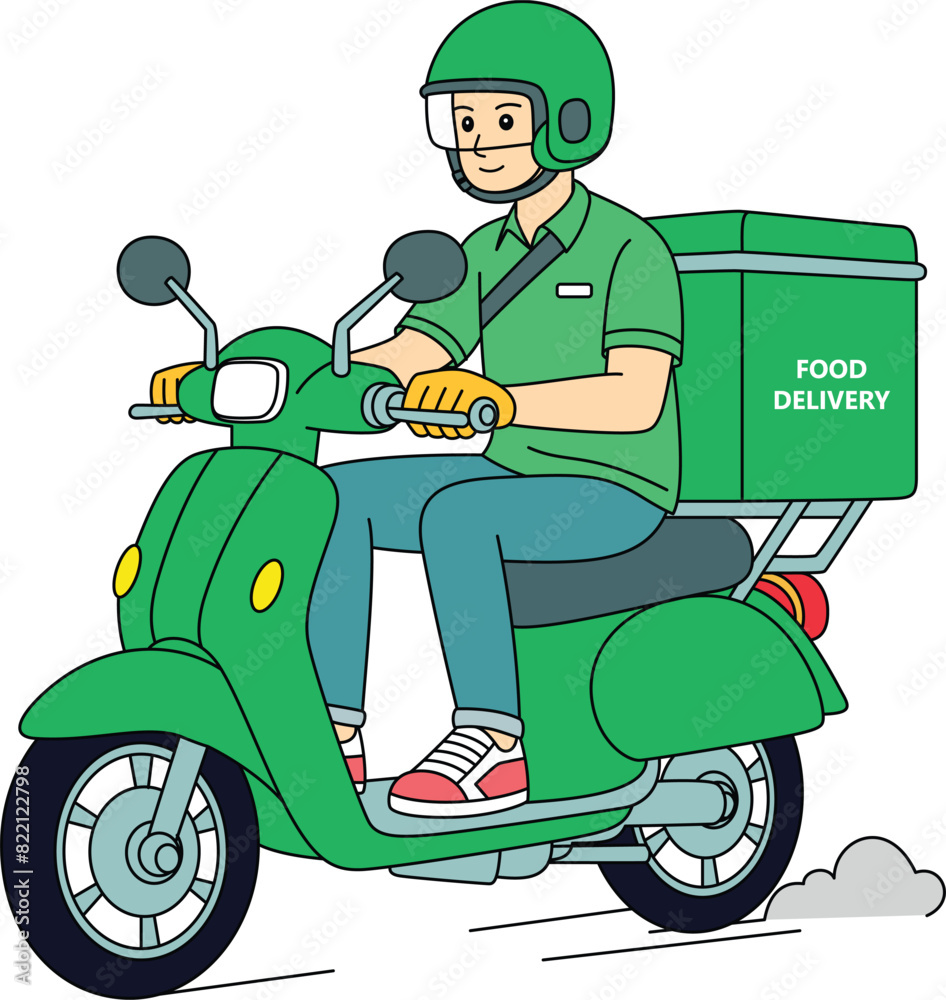 Food delivery man riding green motorcycle line art. Shipping fast delivery man riding motorcycle icon symbol Vector illustration Stock Adobe Stock
