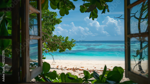 Outside the window  the view of the Maldivian beach  white sands  serenity and tranquility. Paradise vacation  tranquility  relaxation.